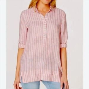 J. Jill Linen Tunic Shirt Stripes Relaxed Half Button Front Tangerine Size S NEW